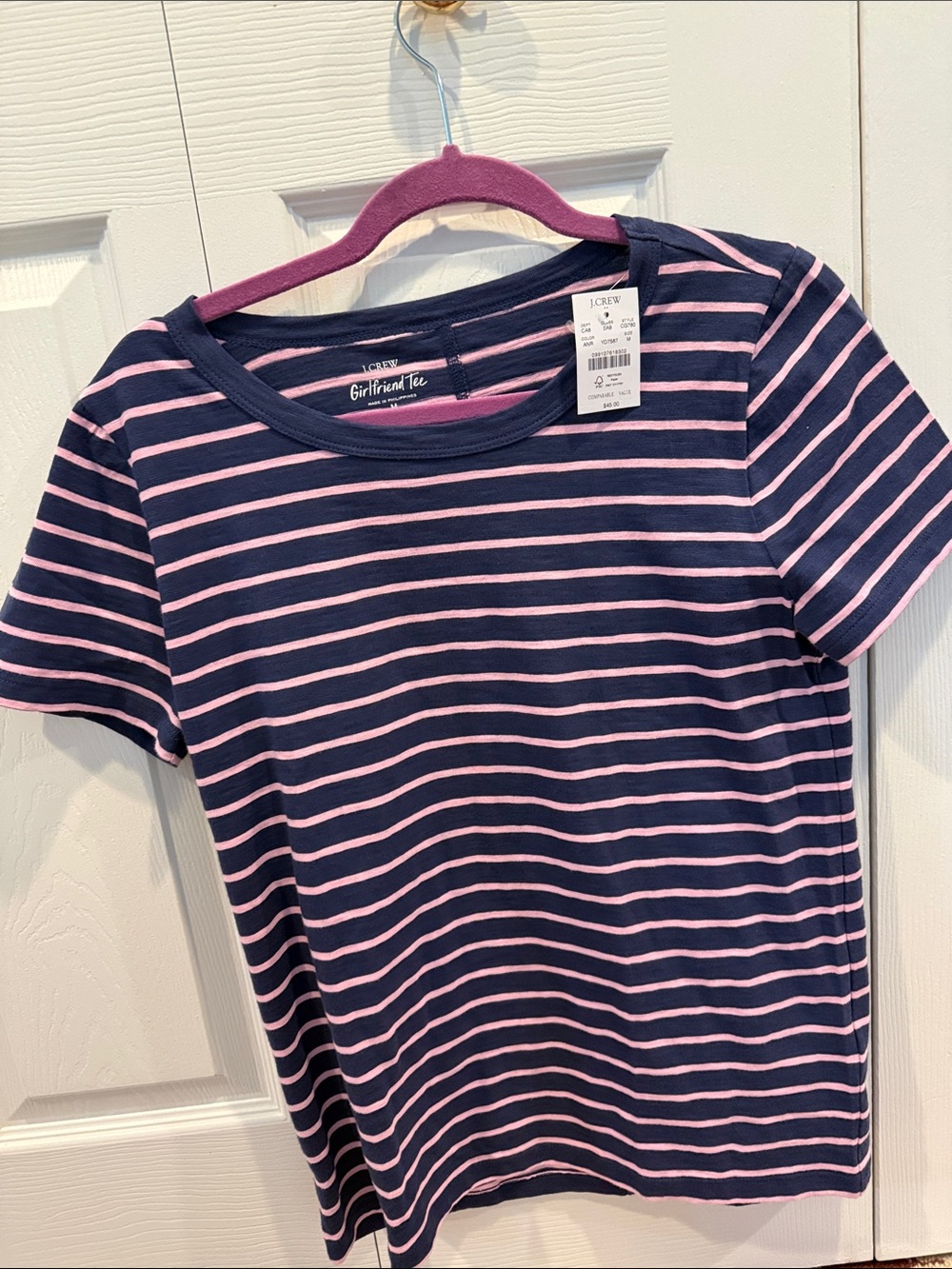 J. Crew Navy and Pink Striped Girlfriend Tee..size M